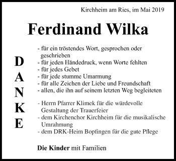 Traueranzeige von Ferdinand Wilka von Schwäbische Post