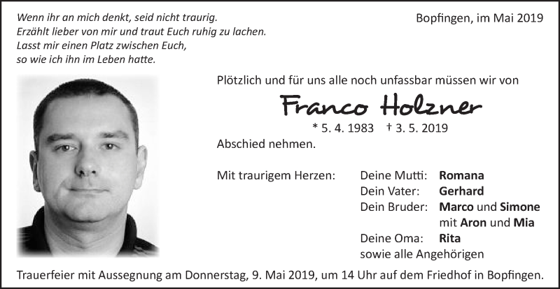  Traueranzeige für Franco Holzner vom 08.05.2019 aus Schwäbische Post