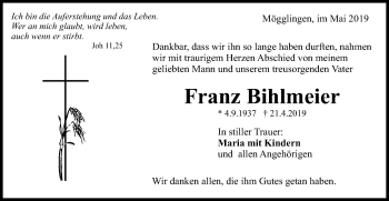 Traueranzeige von Franz Bihlmeier von Gmünder Tagespost