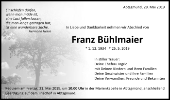 Traueranzeige von Franz Bühlmaier von Schwäbische Post