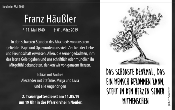 Traueranzeige von Franz Häußler von Schwäbische Post