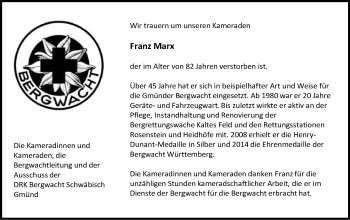 Traueranzeige von Franz Marx von Gmünder Tagespost