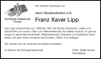 Traueranzeige von Franz Xaver Lipp von Schwäbische Post