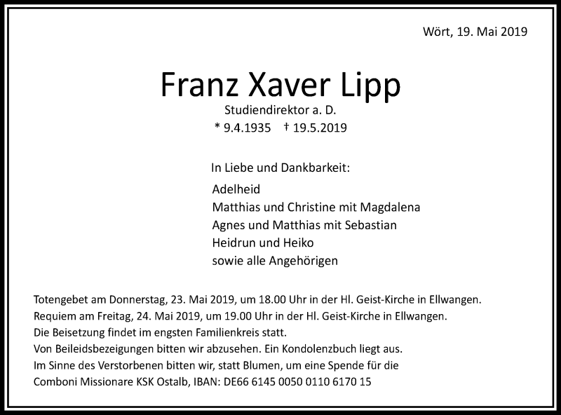  Traueranzeige für Franz Xaver Lipp vom 21.05.2019 aus Schwäbische Post