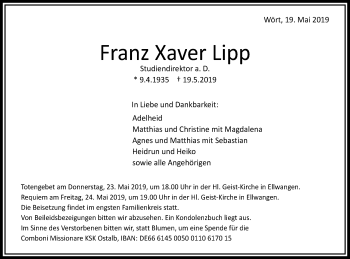 Traueranzeige von Franz Xaver Lipp von Schwäbische Post