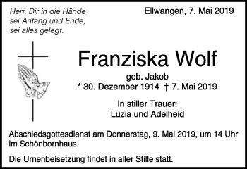 Traueranzeige von Franziska Wolf von Schwäbische Post