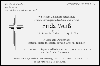 Traueranzeige von Frida Weiß von Schwäbische Post