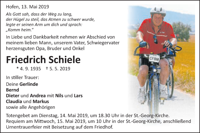  Traueranzeige für Friedrich Schiele vom 13.05.2019 aus Schwäbische Post
