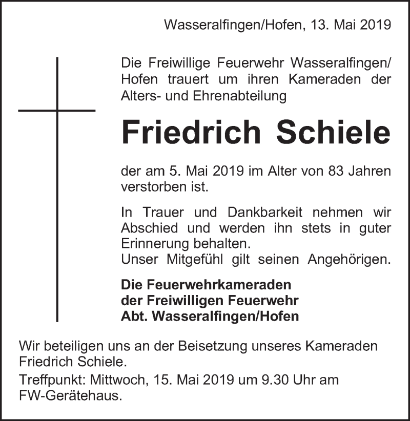  Traueranzeige für Friedrich Schiele vom 13.05.2019 aus Schwäbische Post