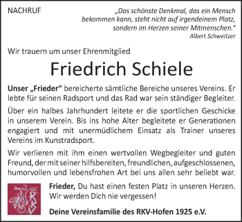 Traueranzeige von Friedrich Schiele von Schwäbische Post