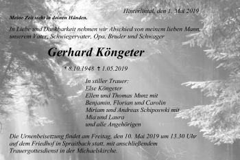 Traueranzeige von Gerhard Köngeter von Gmünder Tagespost