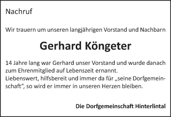 Traueranzeige von Gerhard Köngeter von Gmünder Tagespost