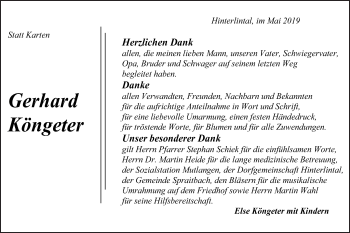 Traueranzeige von Gerhard Köngeter von Gmünder Tagespost