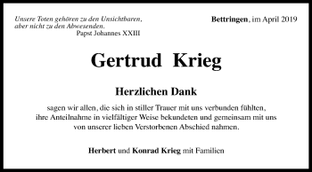 Traueranzeige von Gertrud Krieg von Gmünder Tagespost