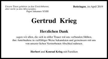 Traueranzeige von Gertrud Krieg