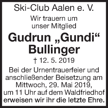 Traueranzeige von Gudrun Bullinger von Schwäbische Post