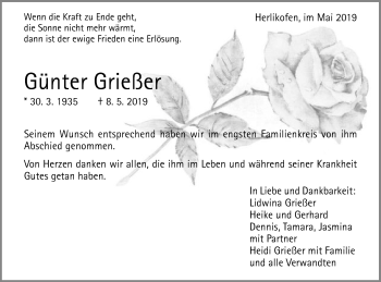 Traueranzeige von Günter Grießer von Gmünder Tagespost