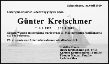 Traueranzeige von Günter Kretschmer von Gmünder Tagespost