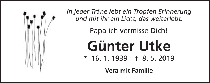  Traueranzeige für Günter Utke vom 11.05.2019 aus Schwäbische Post