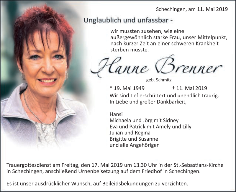  Traueranzeige für Hanne Brenner vom 14.05.2019 aus Gmünder Tagespost