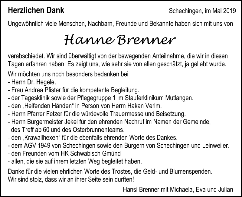  Traueranzeige für Hanne Brenner vom 29.05.2019 aus Gmünder Tagespost