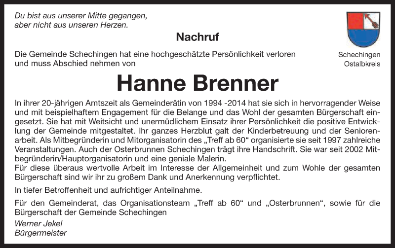  Traueranzeige für Hanne Brenner vom 16.05.2019 aus Gmünder Tagespost