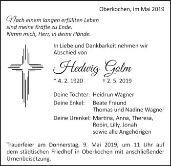 Traueranzeige von Hedwig Golm von Schwäbische Post