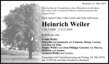 Traueranzeige von Heinrich Weiler von Gmünder Tagespost
