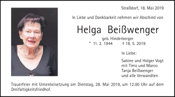 Traueranzeige von Helga Beißwenger von Gmünder Tagespost