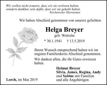 Traueranzeige von Helga Breyer von Gmünder Tagespost