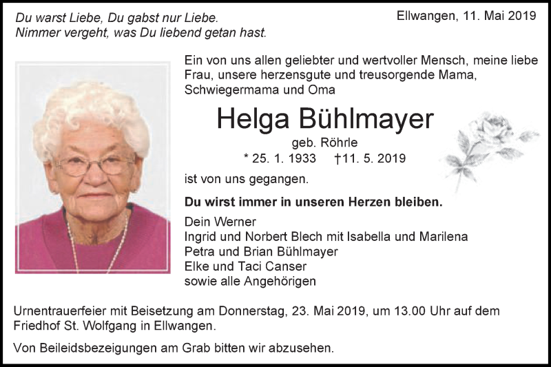  Traueranzeige für Helga Bühlmayer vom 18.05.2019 aus Schwäbische Post