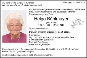 Traueranzeige von Helga Bühlmayer von Schwäbische Post