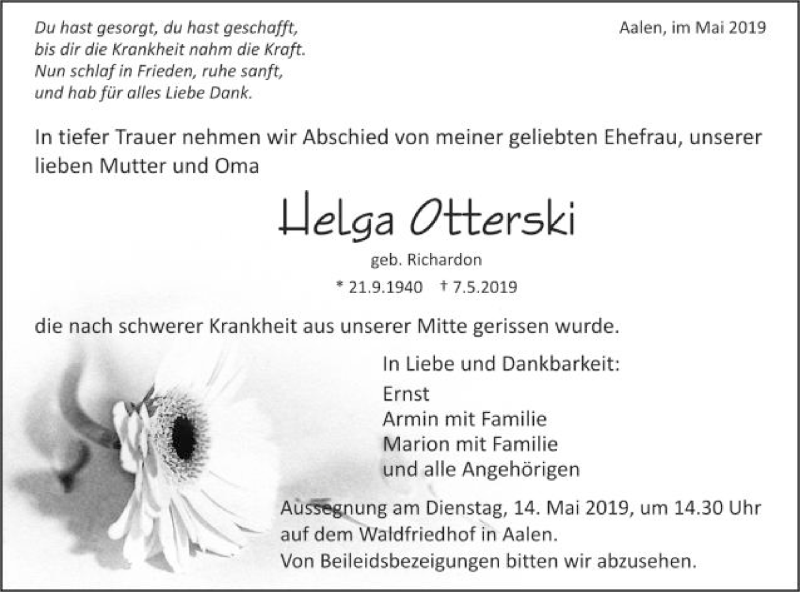  Traueranzeige für Helga Otterski vom 11.05.2019 aus Schwäbische Post