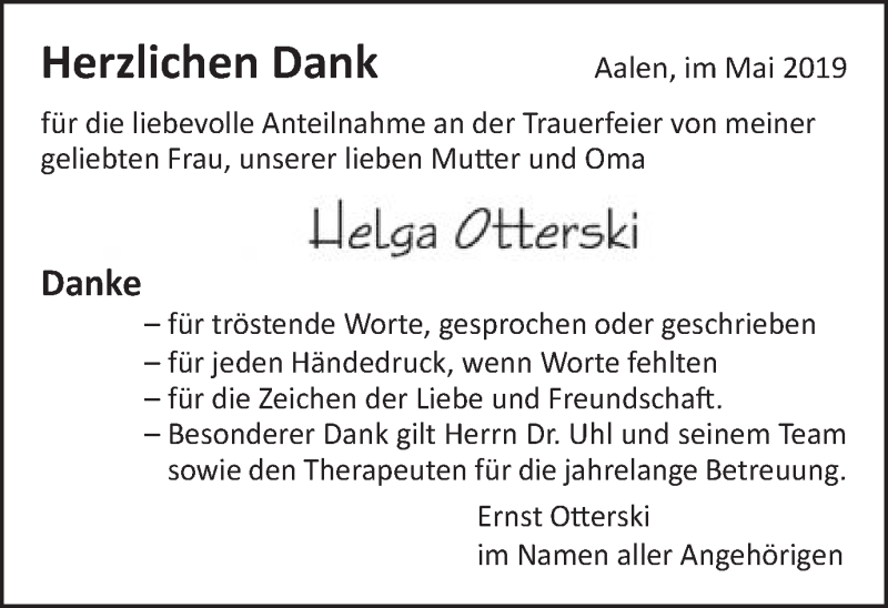  Traueranzeige für Helga Otterski vom 23.05.2019 aus Schwäbische Post