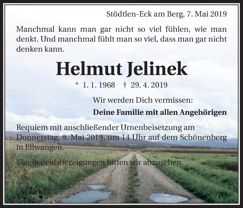  Traueranzeige für Helmut Jelinek vom 07.05.2019 aus Schwäbische Post