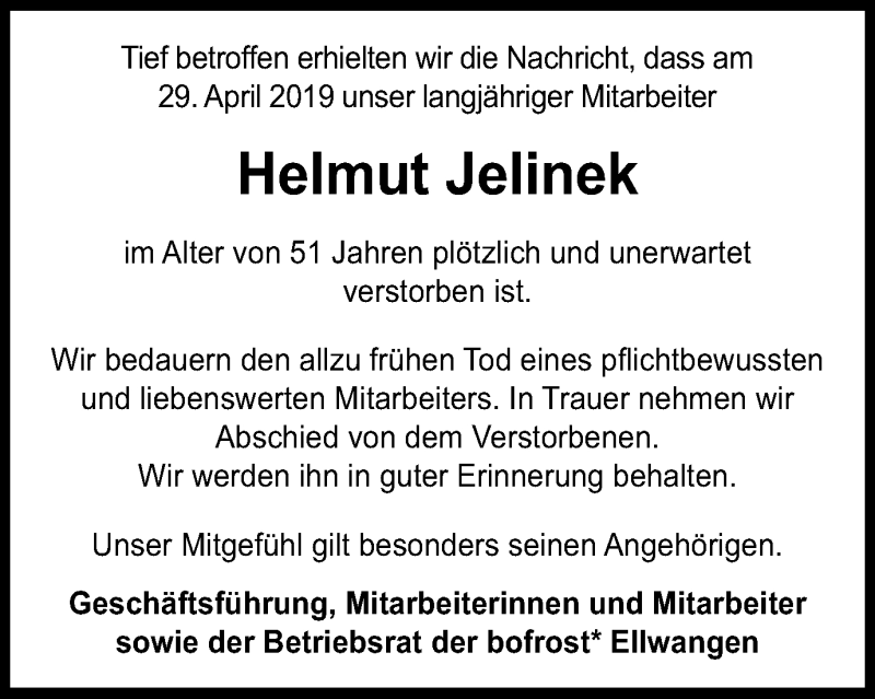  Traueranzeige für Helmut Jelinek vom 07.05.2019 aus Schwäbische Post