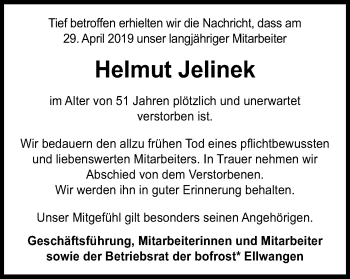 Traueranzeige von Helmut Jelinek von Schwäbische Post