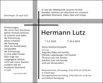 Traueranzeige von Hermann Lutz von Gmünder Tagespost