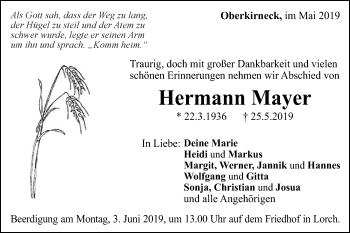 Traueranzeige von Hermann Mayer von Gmünder Tagespost