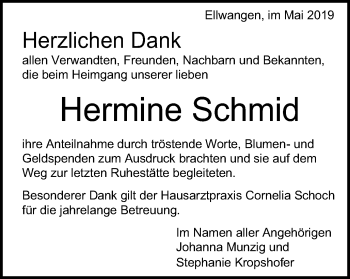 Traueranzeige von Hermine Schmid von Schwäbische Post