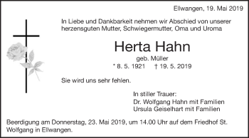 Traueranzeige von Herta Hahn von Schwäbische Post