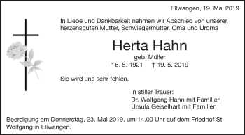 Traueranzeige von Herta Hahn