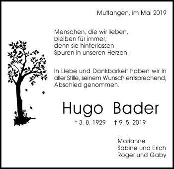 Traueranzeige von Hugo Bader von Gmünder Tagespost