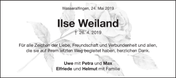 Traueranzeige von Ilse Weiland von Schwäbische Post