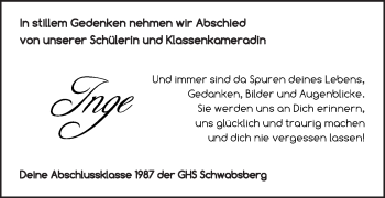 Traueranzeige von Inge  von Schwäbische Post