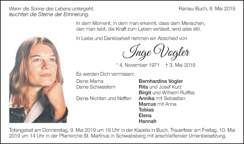  Traueranzeige für Inge Vogler vom 08.05.2019 aus Schwäbische Post