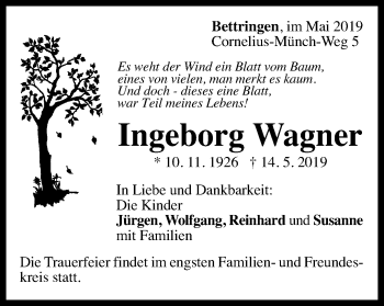 Traueranzeige von Ingeborg Wagner von Gmünder Tagespost