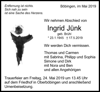 Traueranzeige von Ingrid Jünk von Gmünder Tagespost