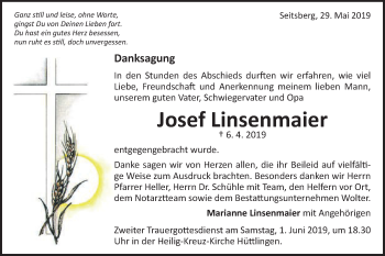 Traueranzeige von Josef Linsenmaier von Schwäbische Post