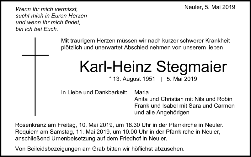  Traueranzeige für Kar-Heinz Stegmaier vom 08.05.2019 aus Schwäbische Post